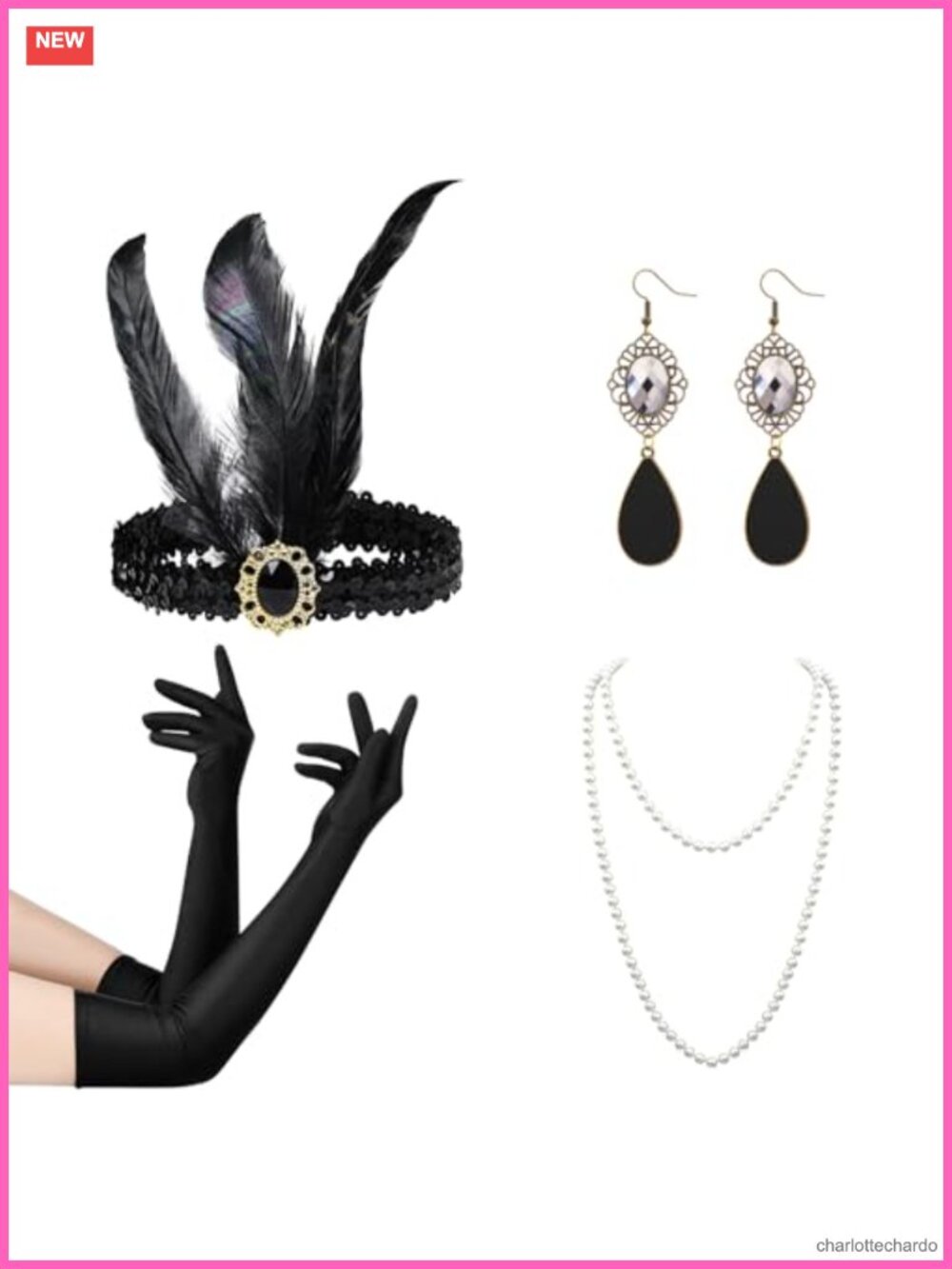 1920s Flapper Accessory Set Headband Gloves Necklace Earrings Costume